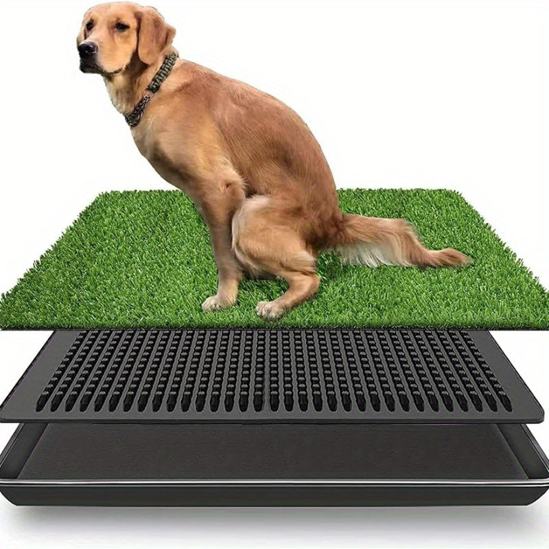 3-Layer Dog Potty Tray Indoor/Outdoor Leak-Proof Plastic Liners Durable Washable 20x16 Inch Synthetic Grass Mat Puppy Training Pet Litter System