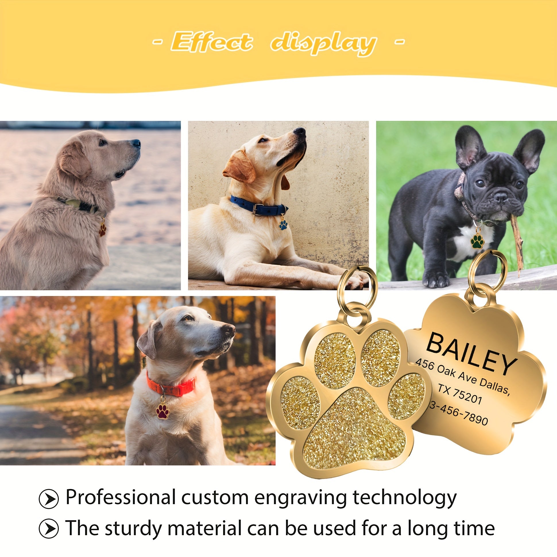 Custom Personalized Engraved Nameplates For Pets Dogs And Cats ID Name Phone Address Alloy Tags Anti-loss Custom Pet Paw Shape Dog Tags Clear Non-fading Durable Customized Metal Hang Tags For Dogs And Cats