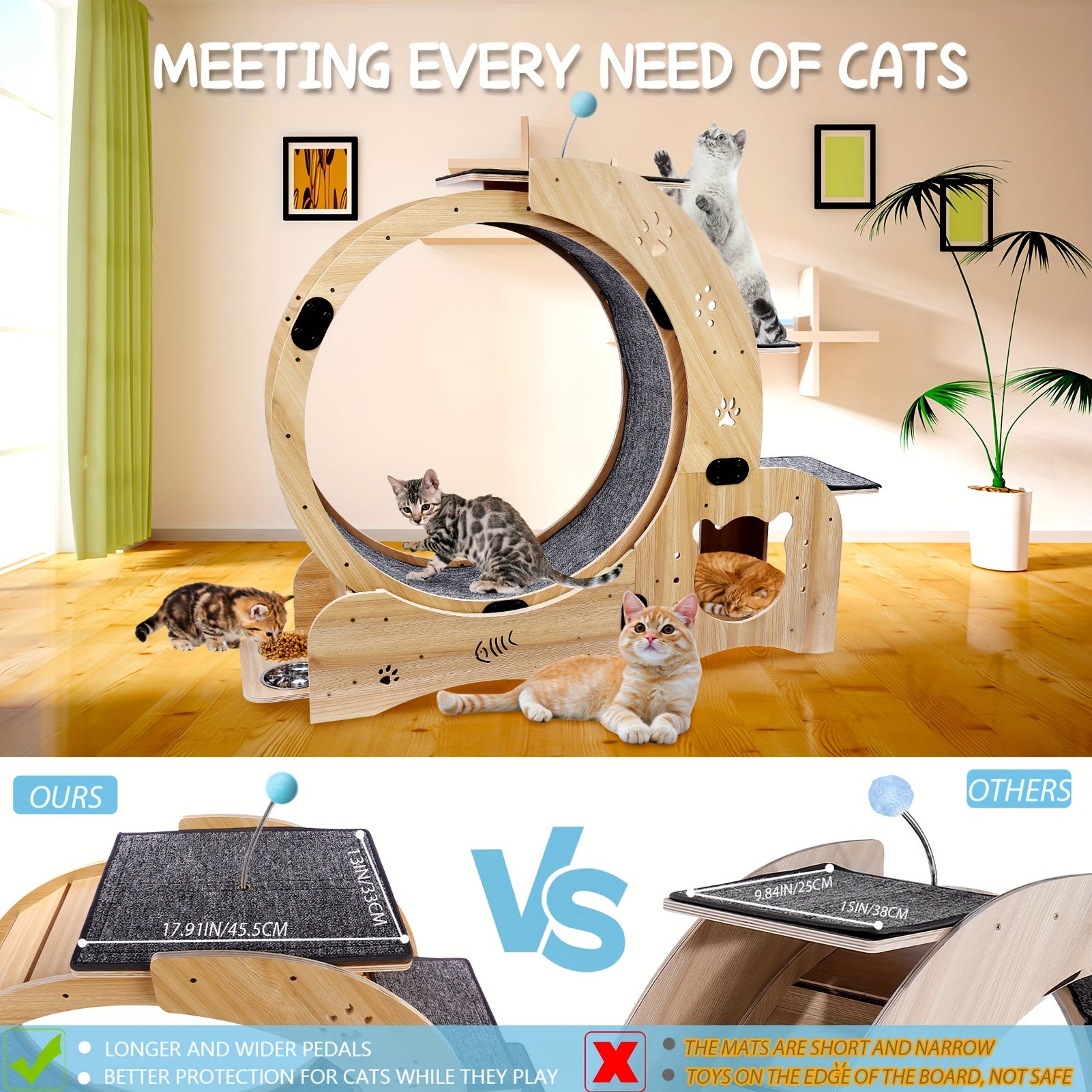 4 in 1 Cat Exercise Wheel 78.3cm Diameter Sturdy Noiseless Treadmill with Locking Mechanism Carpeted Runway Weight Loss Pet Sports Equipment