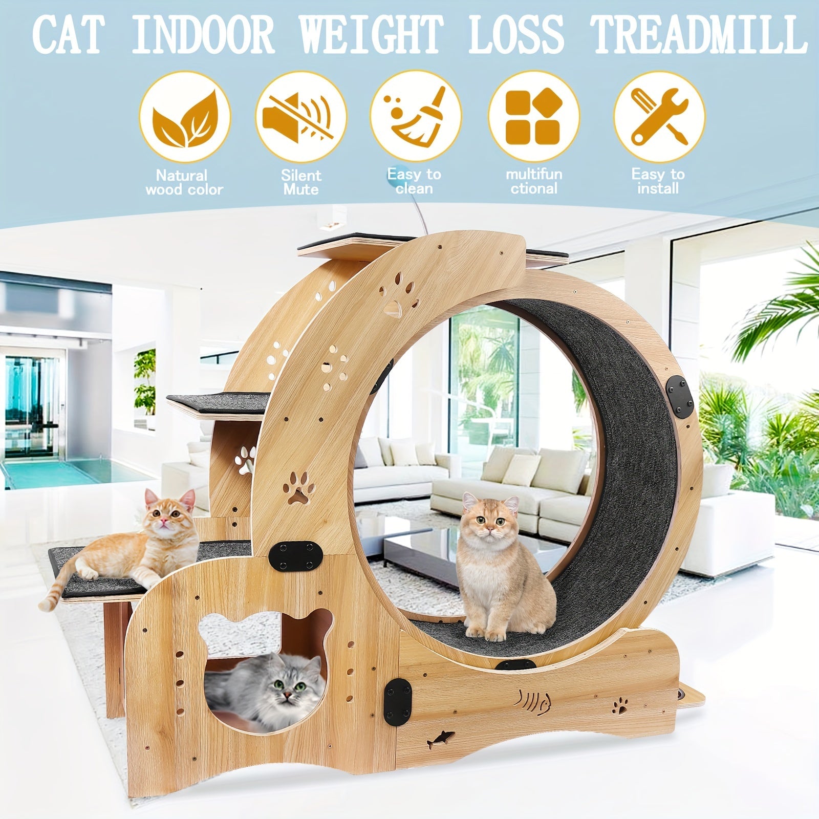 4 in 1 Cat Exercise Wheel 78.3cm Diameter Sturdy Noiseless Treadmill with Locking Mechanism Carpeted Runway Weight Loss Pet Sports Equipment