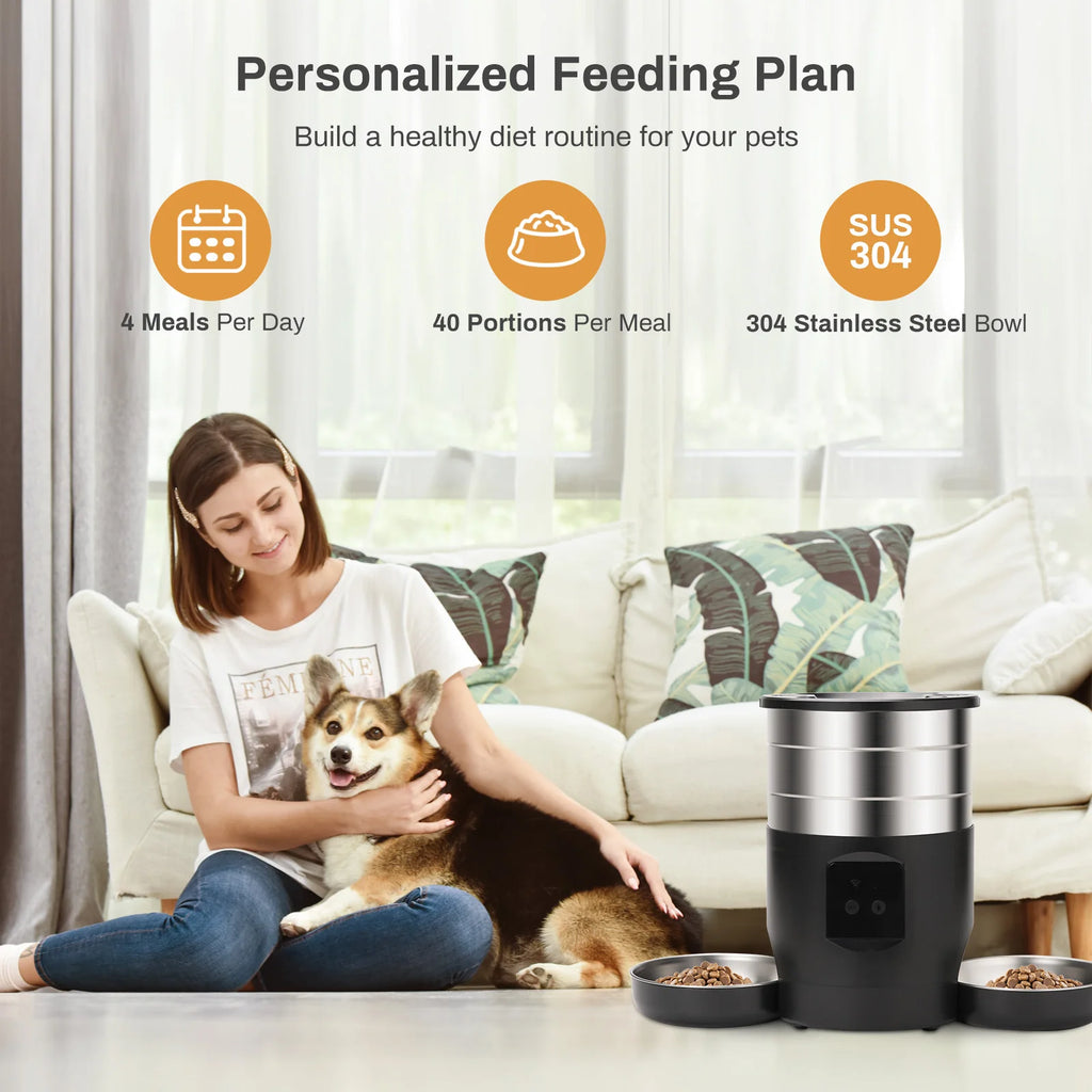 4.5L WiFi Automatic Cat Feeder with Stainless Steel Bowls Smart Pet Food Dispenser for Cats And Small Dogs Includes Battery