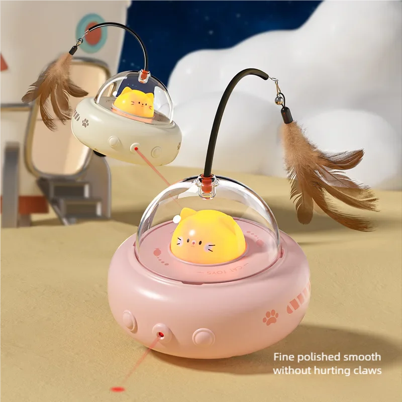 Electric UFO Cat Teaser Smart Teaser Stick with Bell Interactive Training Pet Toy for Cats Replaceable Feather Included