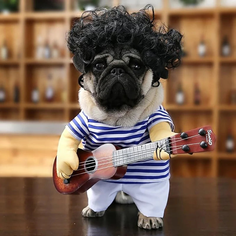 Pet Guitar Costume for Cats/Dogs Halloween Christmas Cosplay Funny Outfit Striped Head Guitarist Party Clothes Nylon Material