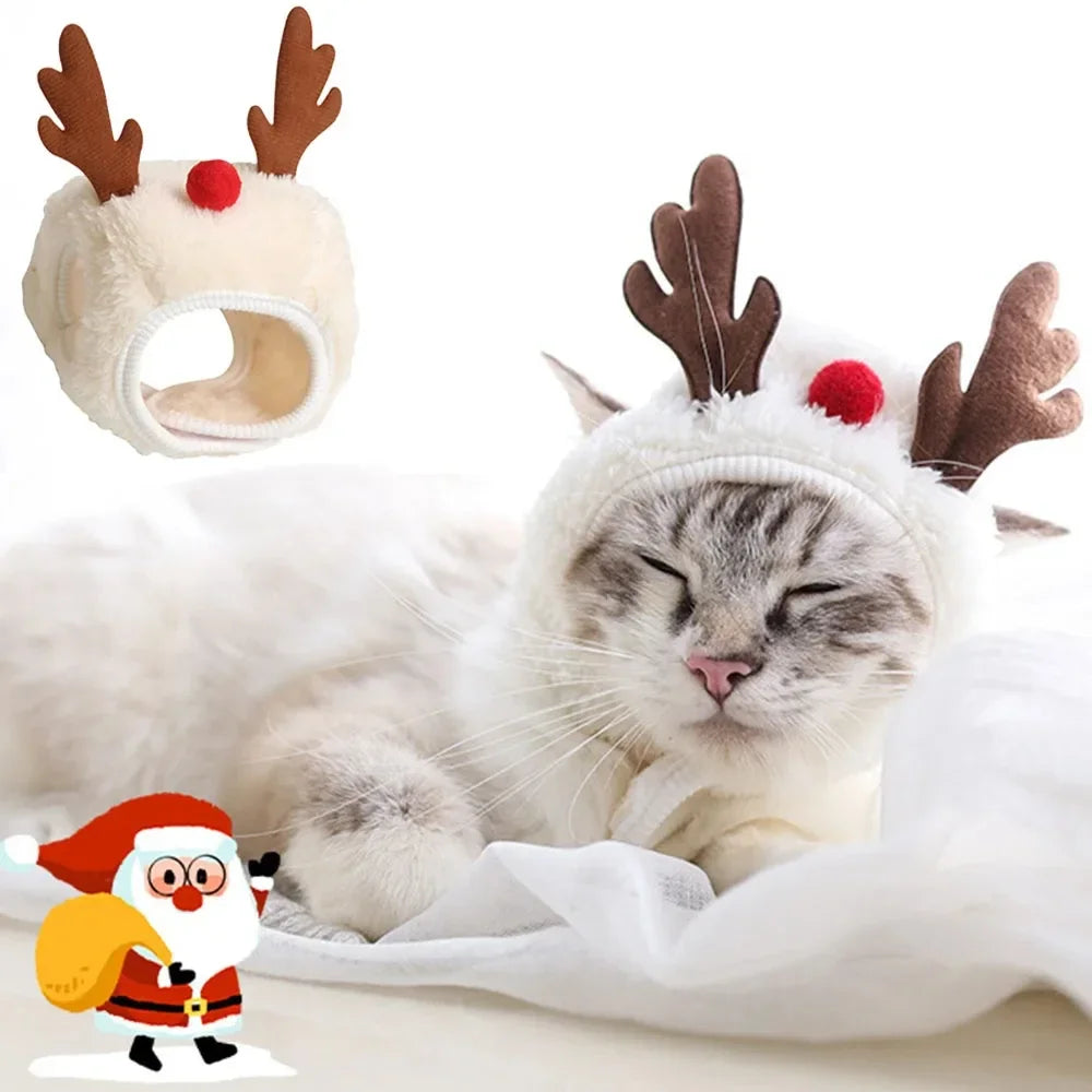 Pet Holiday Costume Set for Cats - Christmas Puppy Dog Cat Santa Elk Hat with Bandana Bib Scarf Cat Accessories Fashion Dress up Supplies