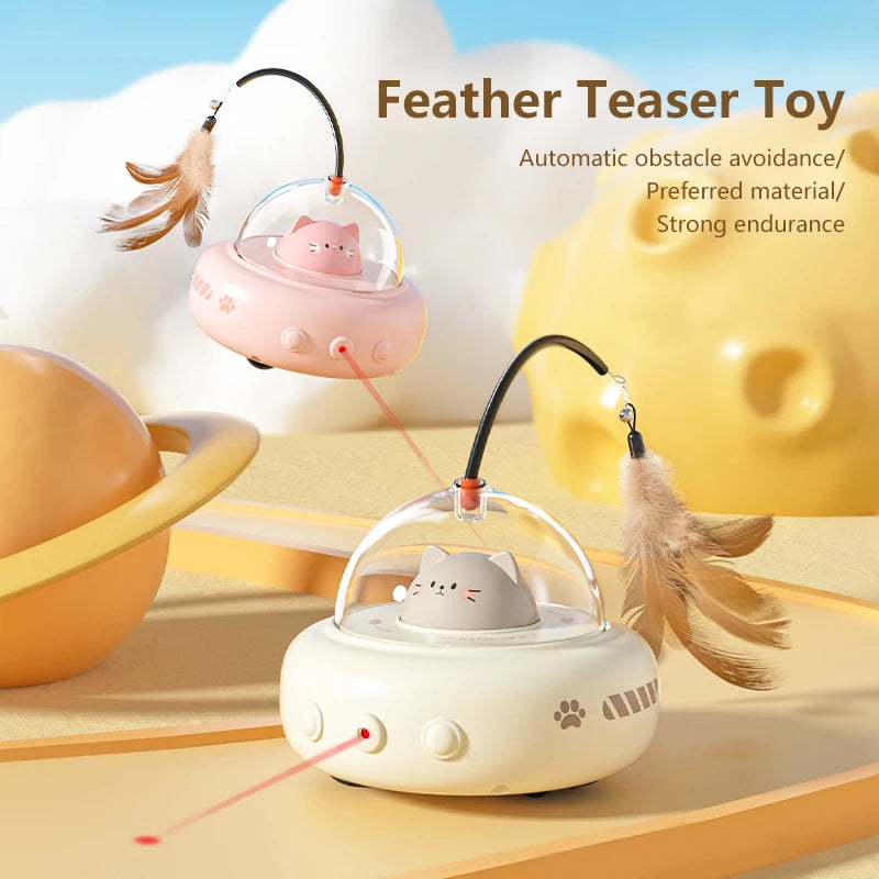 Electric UFO Smart Teaser Cat Toy with Bell Interactive Training Pet Stick Replaceable Feather Interactive Cat Supplies