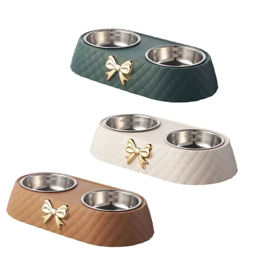 Pet Bow-tie Bowknot Double Bowl Stainless Steel Food Dish with PP Base for Cats And Dogs Eco-Friendly Light Luxury Design