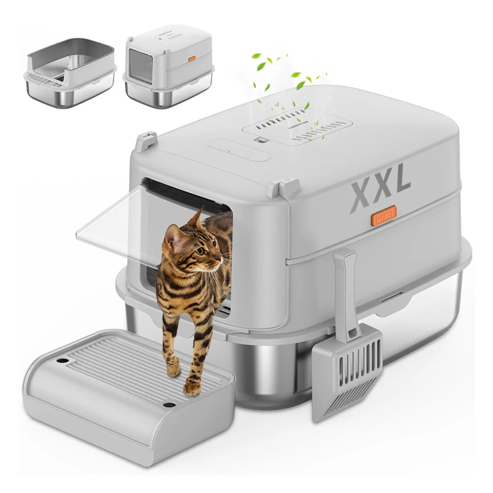 Large Stainless Steel Cat Litter Box Splash-Proof Deodorant Easy to Clean Cat Toilet Grey Metal with Plastic Interior