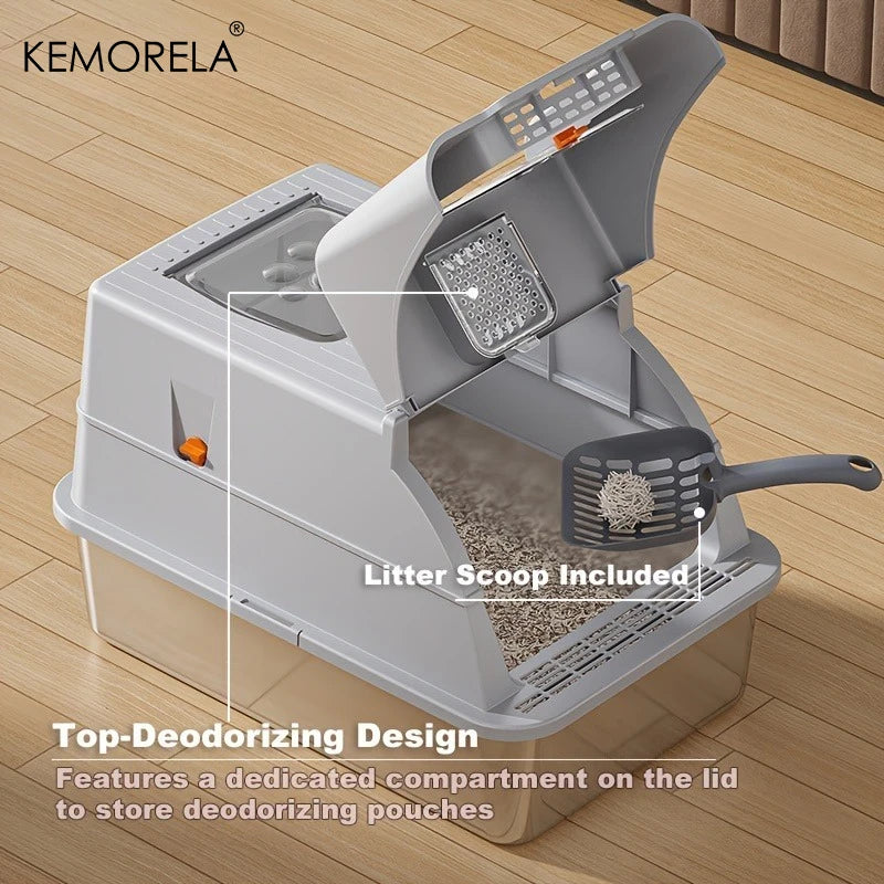 Extra Large Convertible Stainless Steel Cat Litter Box with Detachable Flip Cover Pedal & Scoop - Fully Or Semi-Enclosed Option