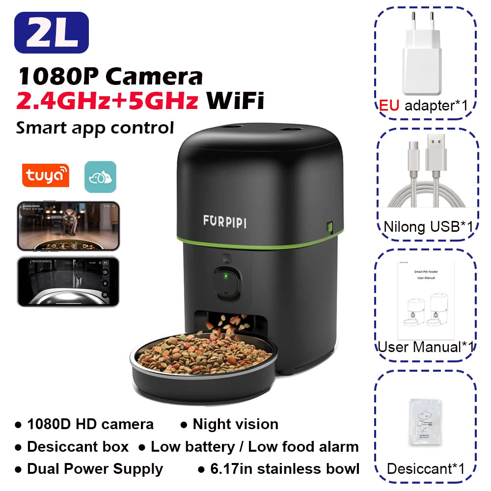 1080P HD Camera Automatic Cat Feeder Smart Food Dispenser with 5G WiFi Tuya Pet Kibble Feeder Stainless Steel Dog Accessories