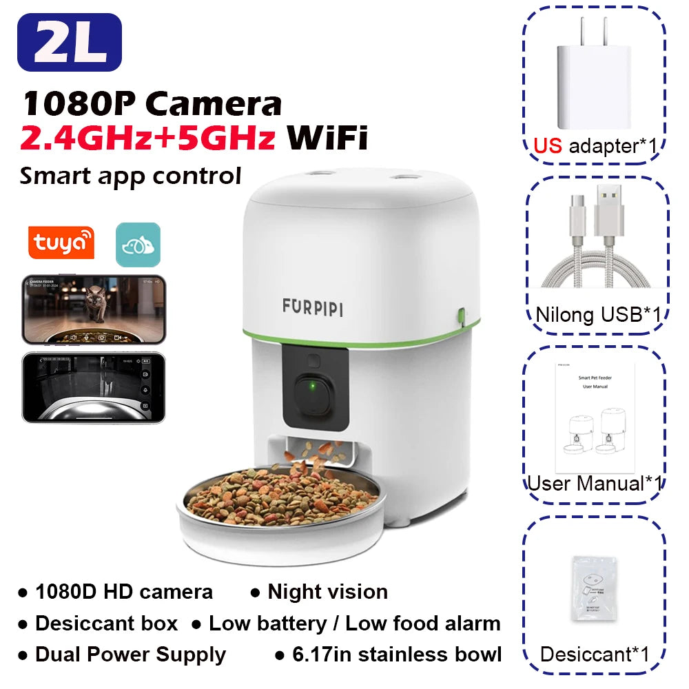 1080P HD Camera Automatic Cat Feeder Smart Food Dispenser with 5G WiFi Tuya Pet Kibble Feeder Stainless Steel Dog Accessories