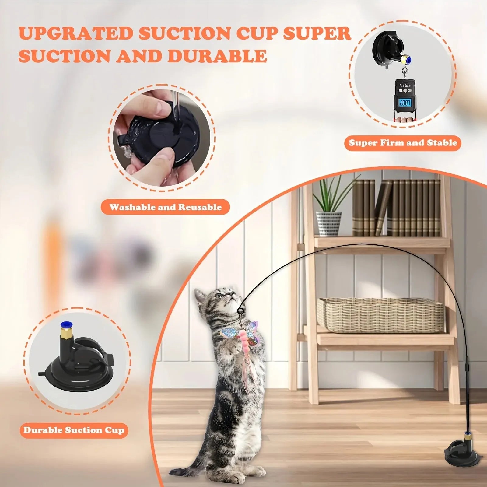 Interactive Cat Teaser Toy with Bell & Feather Wand Long Suction Cup Pole for Engaging Playtime - Ultimate Fun for Cats