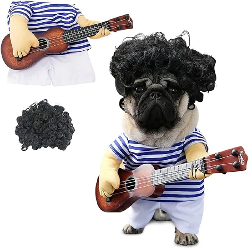 Pet Guitar Costume for Cats/Dogs Halloween Christmas Cosplay Funny Outfit Striped Head Guitarist Party Clothes Nylon Material