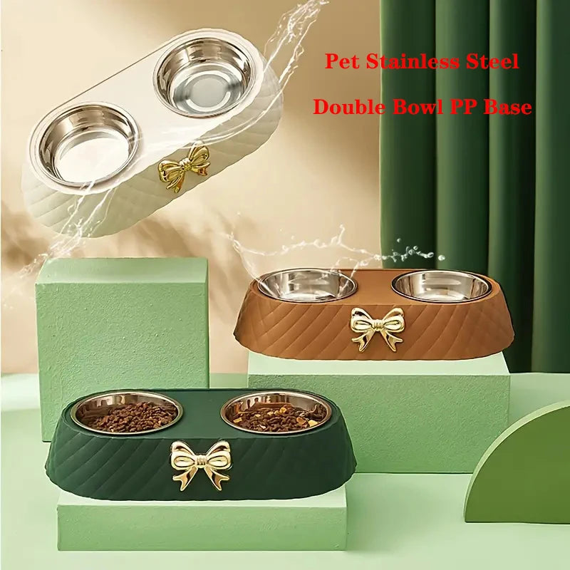 Pet Bow-tie Bowknot Double Bowl Stainless Steel Food Dish with PP Base for Cats And Dogs Eco-Friendly Light Luxury Design