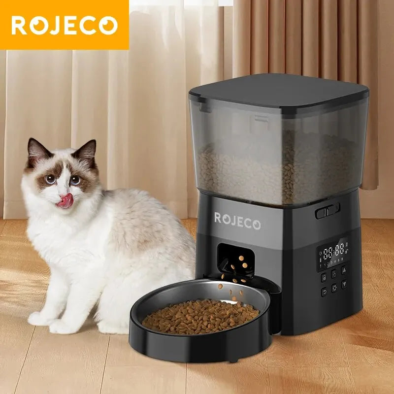 ROJECO Automatic Pet Feeder for Cats And Dogs Smart Control Button Version Cat Food Dispenser with LCD Display Plastic Material