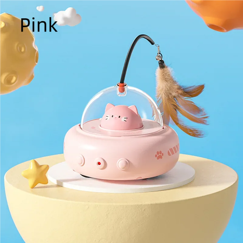 Electric UFO Cat Teaser Smart Teaser Stick with Bell Interactive Training Pet Toy for Cats Replaceable Feather Included
