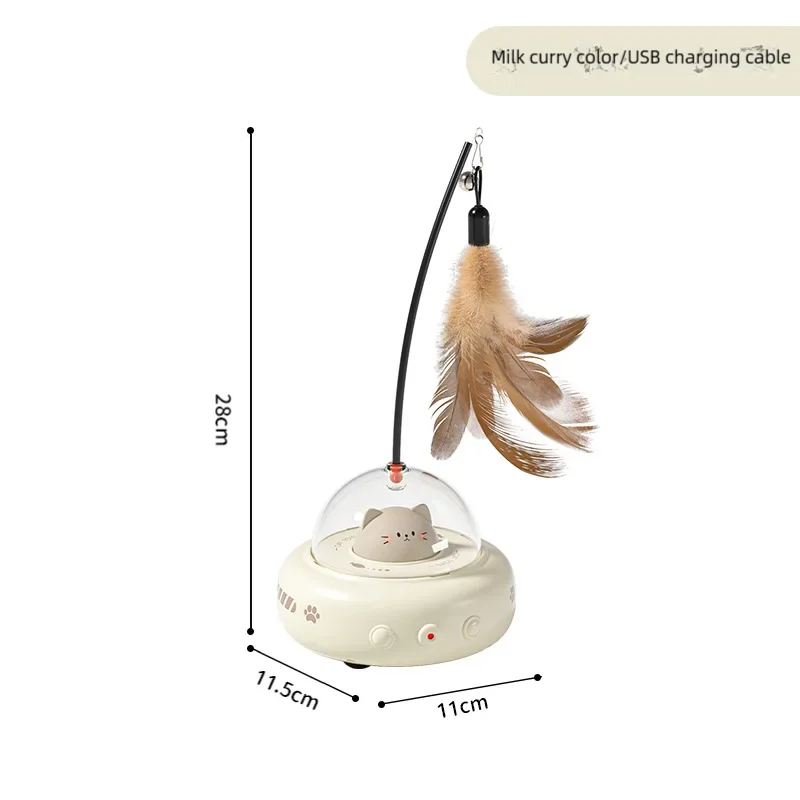 Electric UFO Cat Teaser Smart Teaser Stick with Bell Interactive Training Pet Toy for Cats Replaceable Feather Included