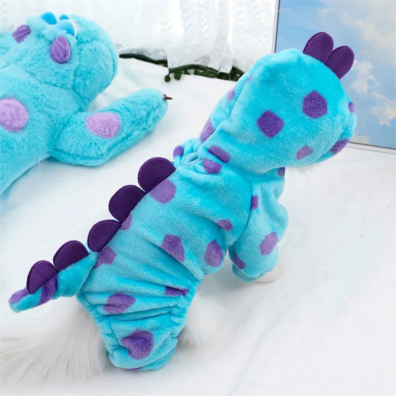 Dinosaur Plush Pet Costume for Cats & Dogs Winter Flannel 4-Leg Jumpsuit Cute Cosplay Outfit for Party Festival