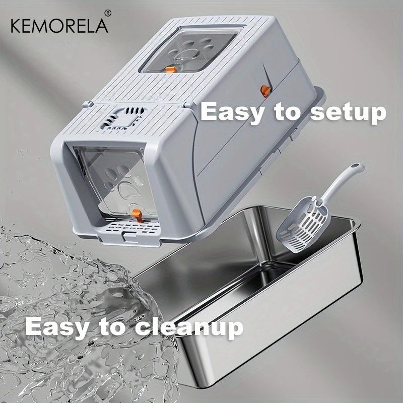 Extra Large Convertible Stainless Steel Cat Litter Box with Detachable Flip Cover Pedal & Scoop - Fully Or Semi-Enclosed Option