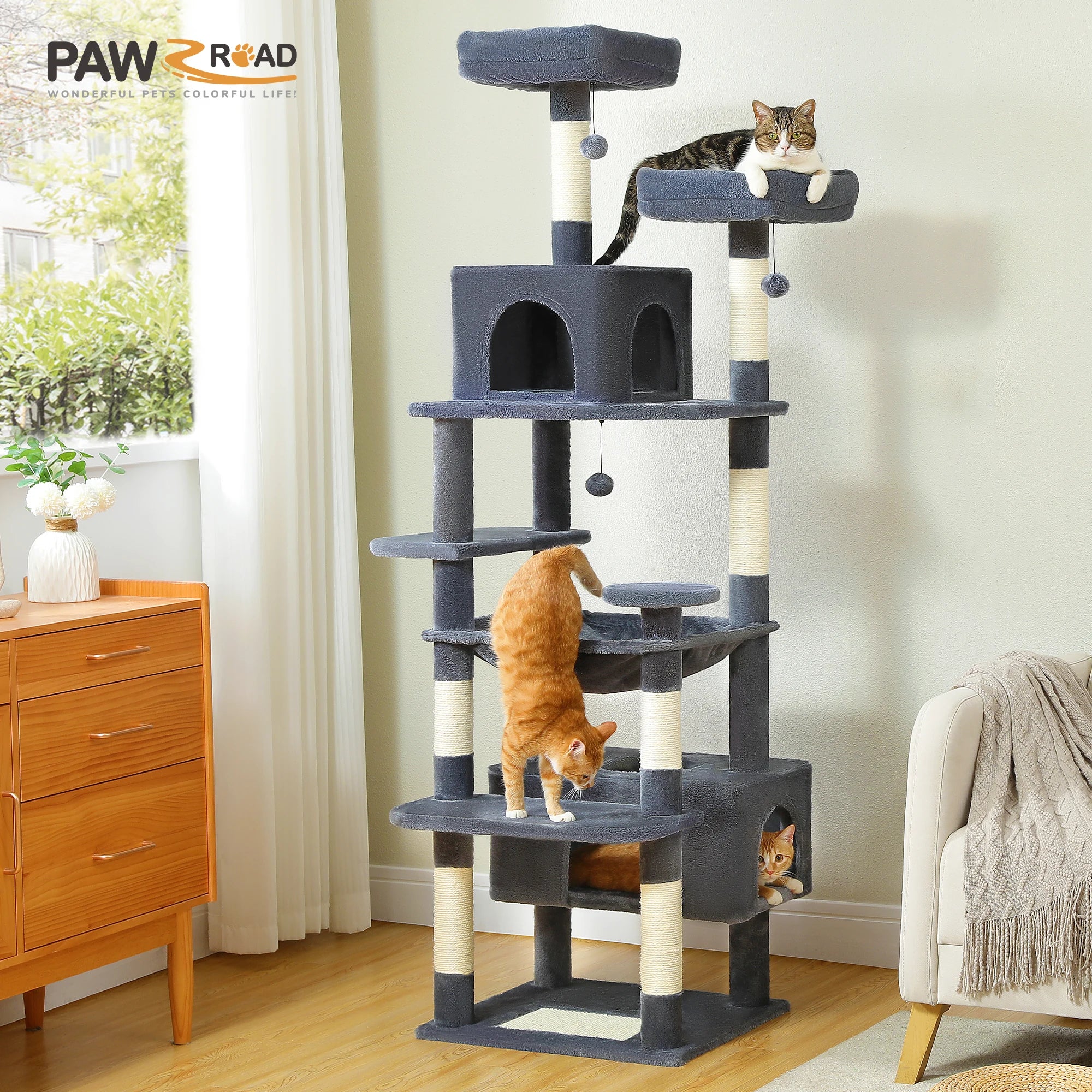 Large Cat Tree Tower with Sisal Scratching Posts Spacious Hammock Padded Perches Condos And Toys for Indoor Cats Grey/Beige/Deep Grey/Black/Red