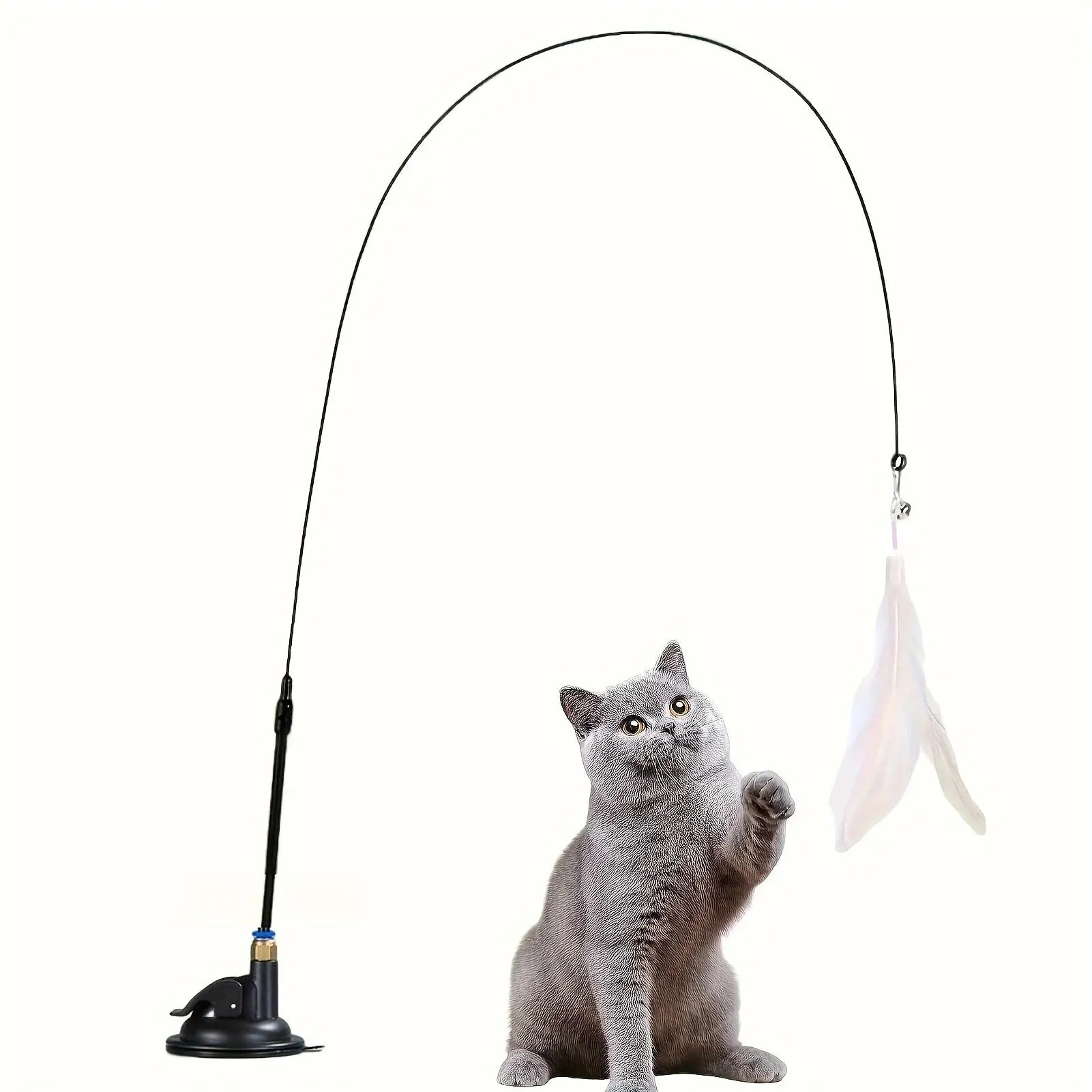 Interactive Cat Teaser Toy with Bell & Feather Wand Long Suction Cup Pole for Engaging Playtime - Ultimate Fun for Cats