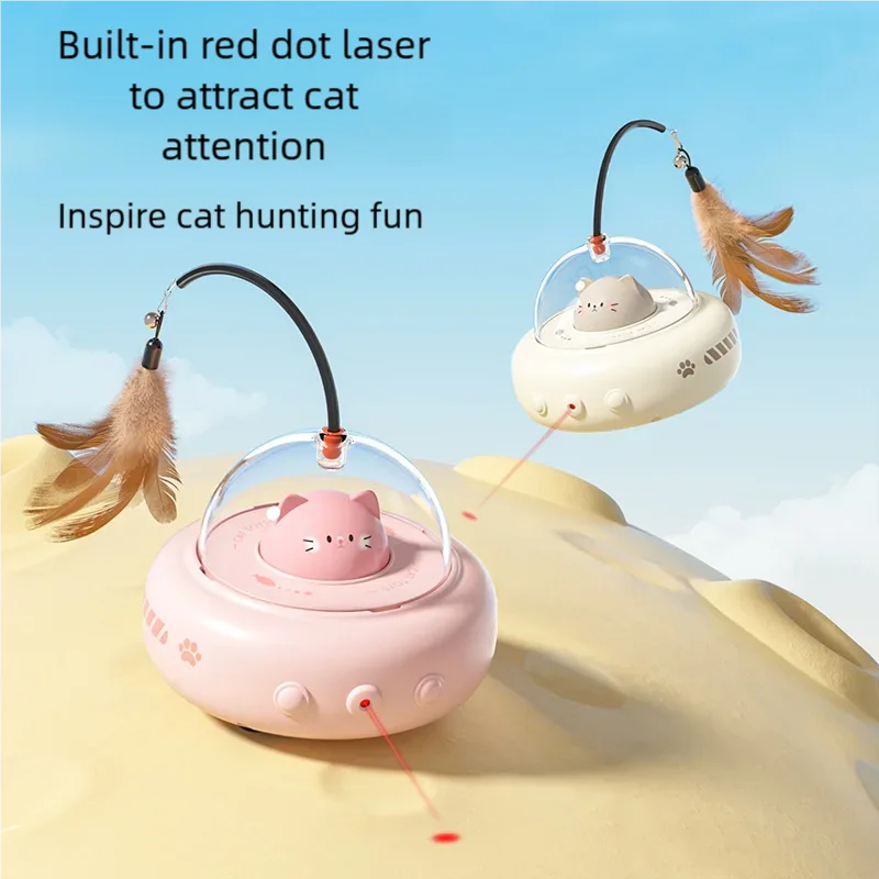Electric UFO Cat Teaser Smart Teaser Stick with Bell Interactive Training Pet Toy for Cats Replaceable Feather Included