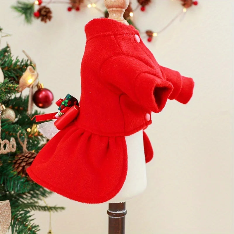 Pet Dog Merry Christmas Dress Gold Embroidery Red Green Checked with White Snowflake Pattern Transparent Yarn for Dogs