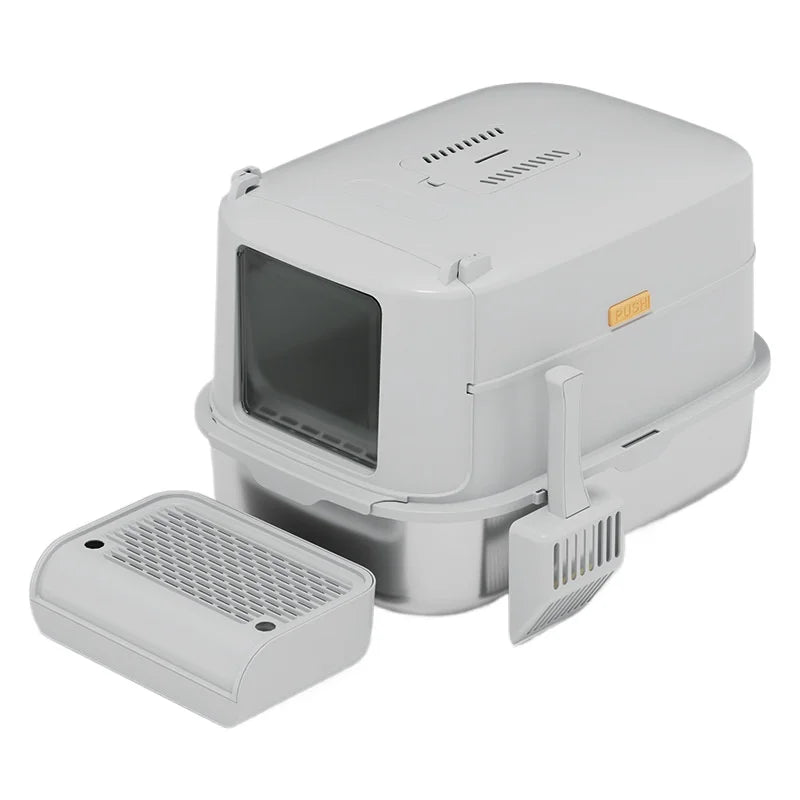 Large Stainless Steel Cat Litter Box Splash-Proof Deodorant Easy to Clean Cat Toilet Grey Metal with Plastic Interior