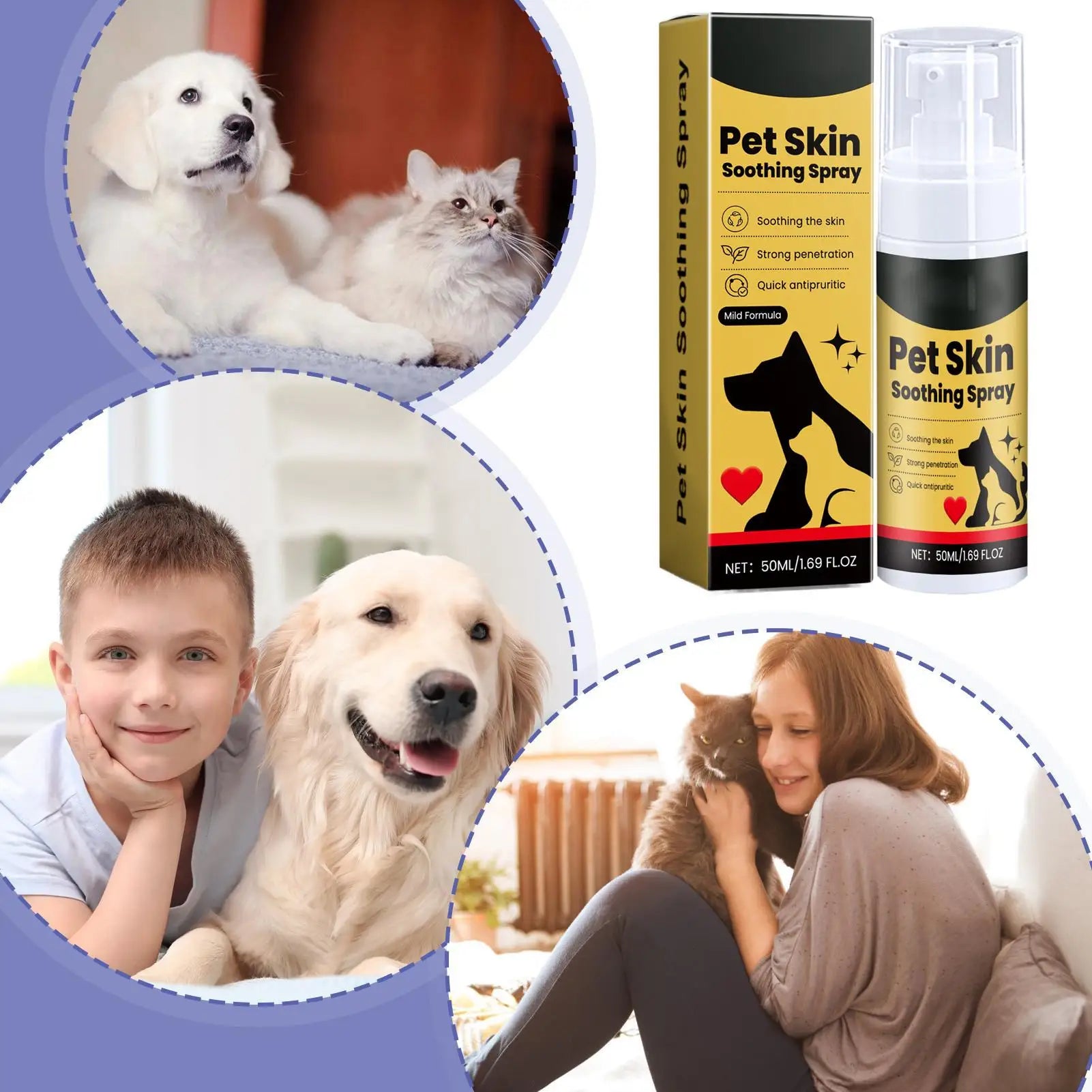 50ml Pet Skin Itch Relief Spray for Dogs & Cats Gentle Moisturizing Cleansing Soothing Daily Use Sensitive Skin Care