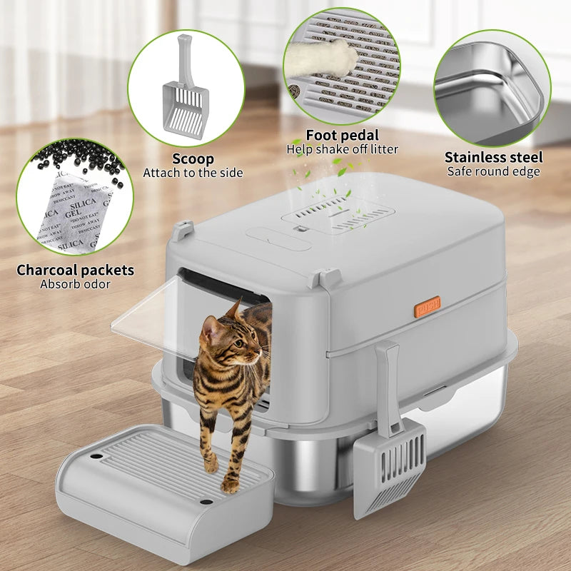 Large Stainless Steel Cat Litter Box Splash-Proof Deodorant Easy to Clean Cat Toilet Grey Metal with Plastic Interior