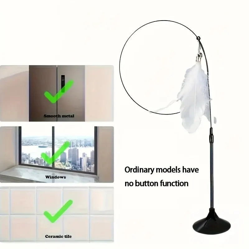 Interactive Cat Teaser Toy with Bell & Feather Wand Long Suction Cup Pole for Engaging Playtime - Ultimate Fun for Cats