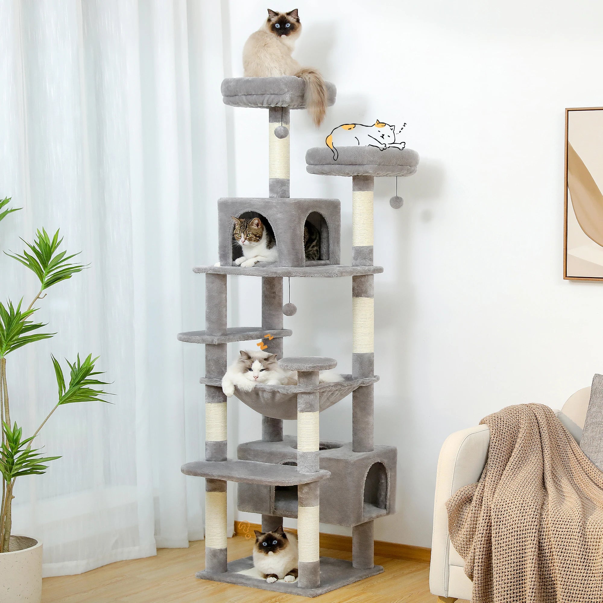 Large Cat Tree Tower with Sisal Scratching Posts Spacious Hammock Padded Perches Condos And Toys for Indoor Cats Grey/Beige/Deep Grey/Black/Red
