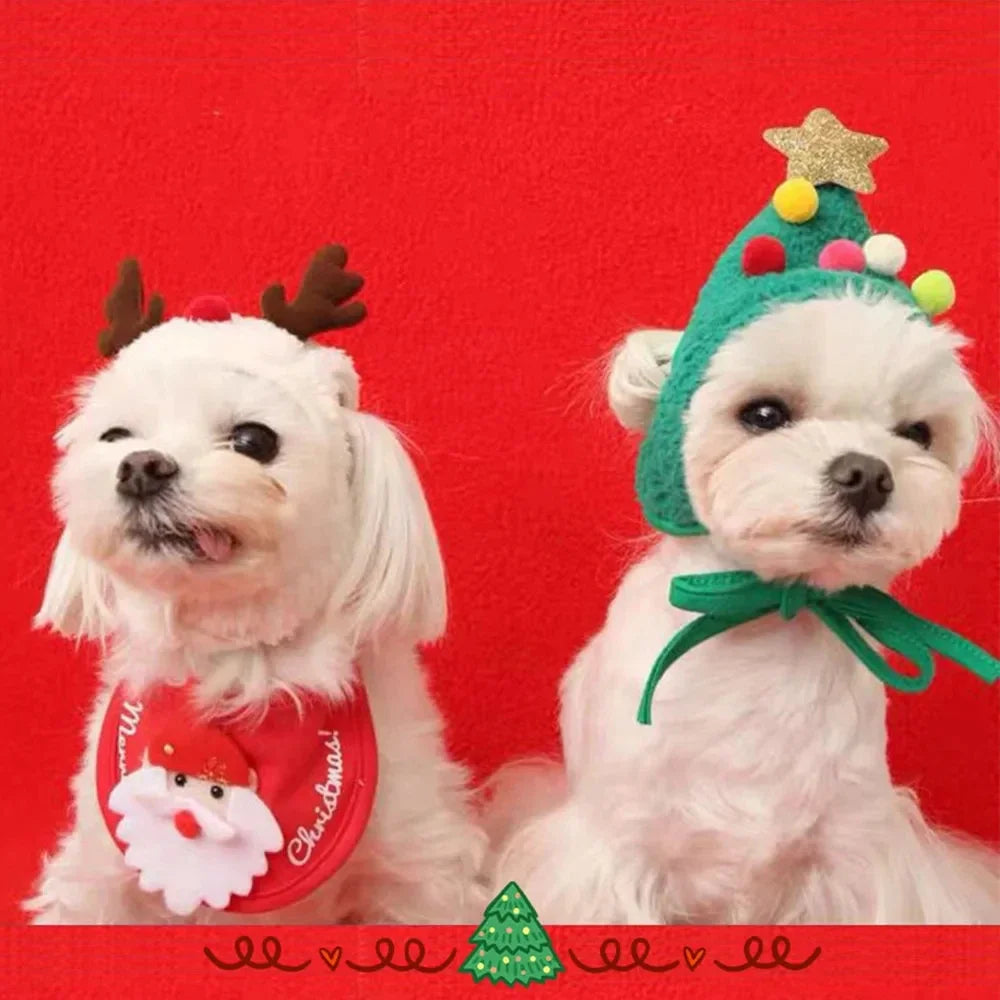 Pet Holiday Costume Set for Cats - Christmas Puppy Dog Cat Santa Elk Hat with Bandana Bib Scarf Cat Accessories Fashion Dress up Supplies
