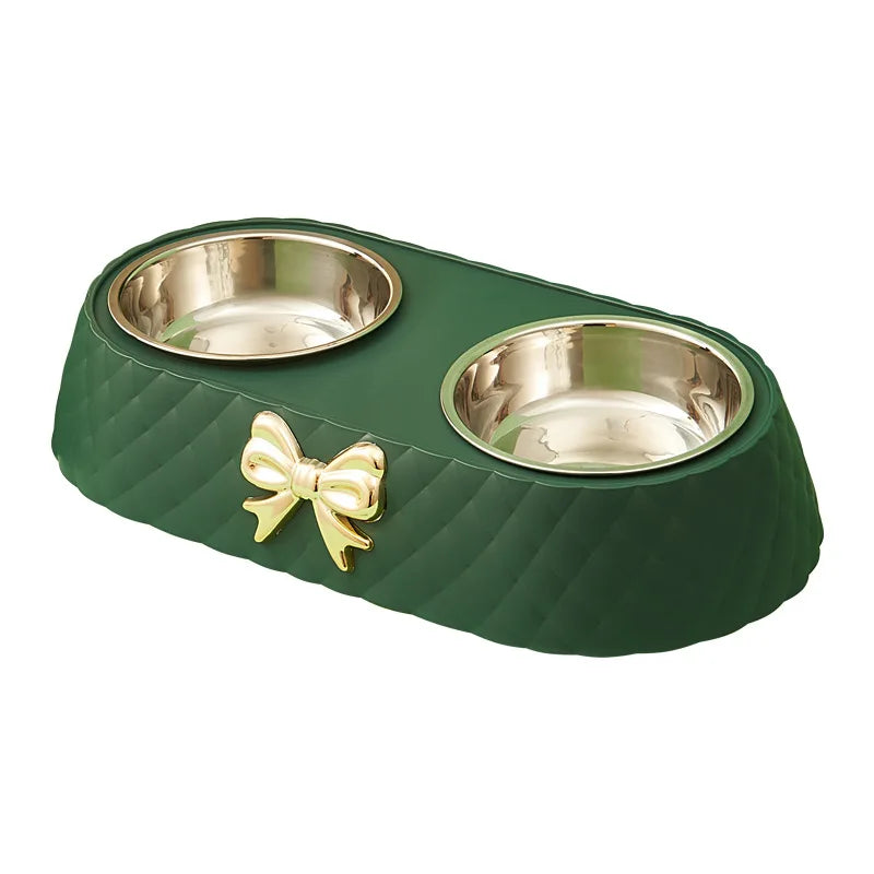 Pet Bow-tie Bowknot Double Bowl Stainless Steel Food Dish with PP Base for Cats And Dogs Eco-Friendly Light Luxury Design
