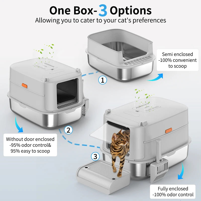 Large Stainless Steel Cat Litter Box Splash-Proof Deodorant Easy to Clean Cat Toilet Grey Metal with Plastic Interior