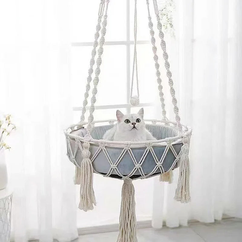 Winter Pet Hammock Hand Woven Cotton Rope Cat Swing Hanging Basket Kitten Indoor Nest Bed Durable Breathable Cat Supplies