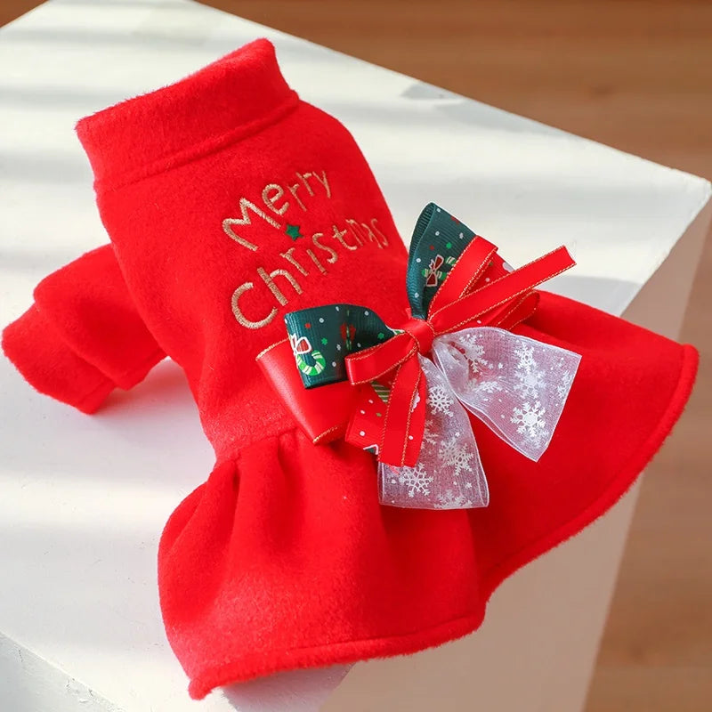 Pet Dog Merry Christmas Dress Gold Embroidery Red Green Checked with White Snowflake Pattern Transparent Yarn for Dogs