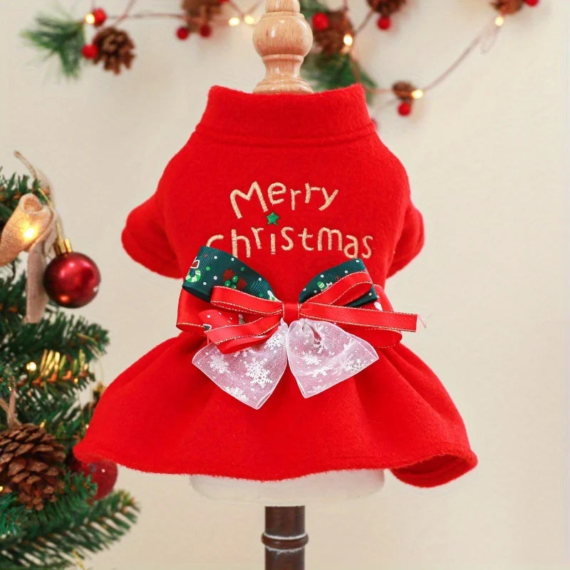 Pet Dog Merry Christmas Dress Gold Embroidery Red Green Checked with White Snowflake Pattern Transparent Yarn for Dogs