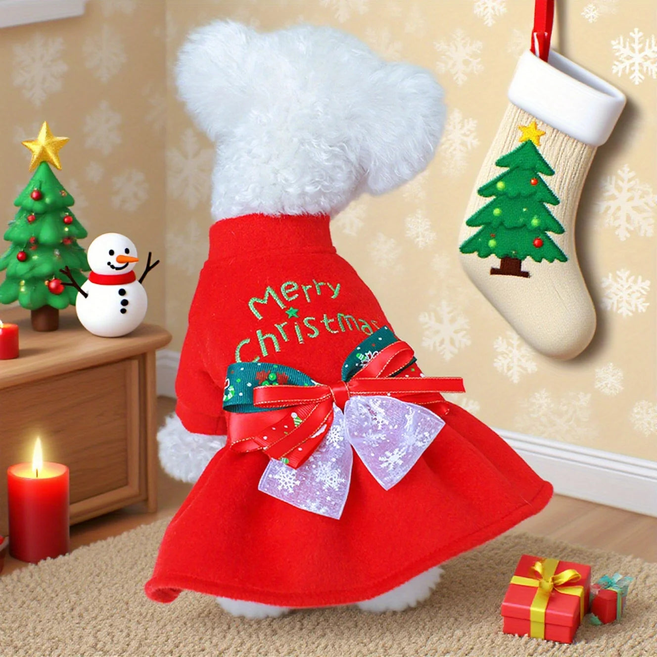 Pet Dog Merry Christmas Dress Gold Embroidery Red Green Checked with White Snowflake Pattern Transparent Yarn for Dogs