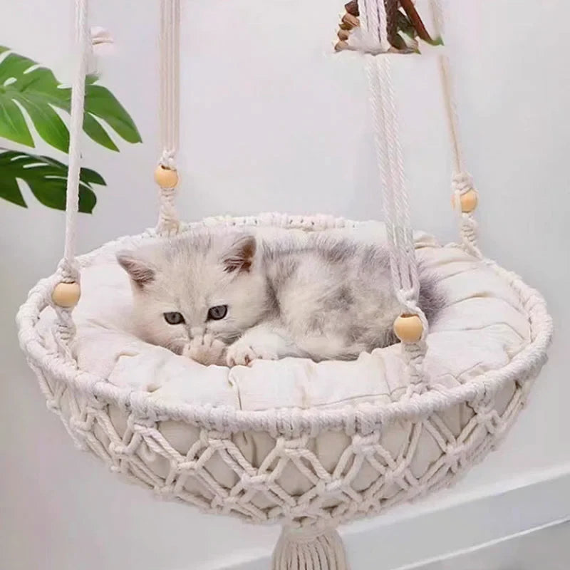 Winter Pet Hammock Hand Woven Cotton Rope Cat Swing Hanging Basket Kitten Indoor Nest Bed Durable Breathable Cat Supplies