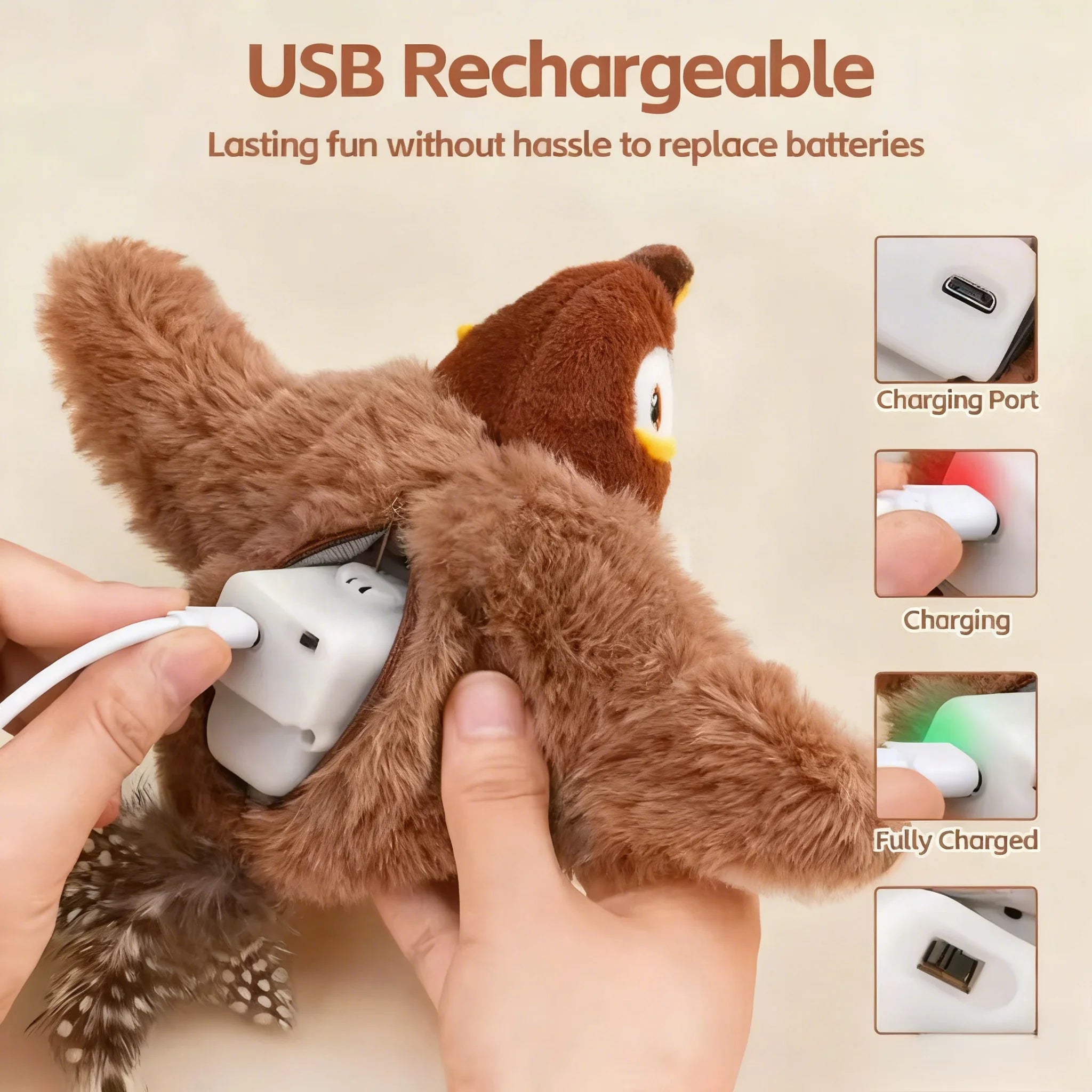Interactive Rechargeable Chirping Flapping Bird Toy Touch Activated Plush Simulated Bird for Cats Dogs Soft Pet Toy No Flying