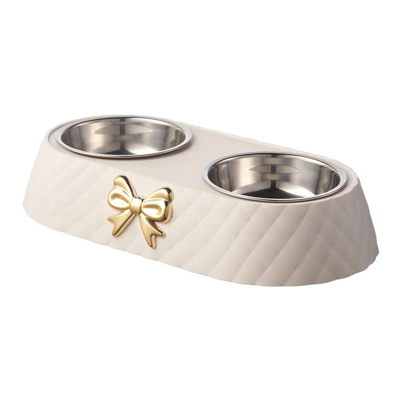 Pet Bow-tie Bowknot Double Bowl Stainless Steel Food Dish with PP Base for Cats And Dogs Eco-Friendly Light Luxury Design