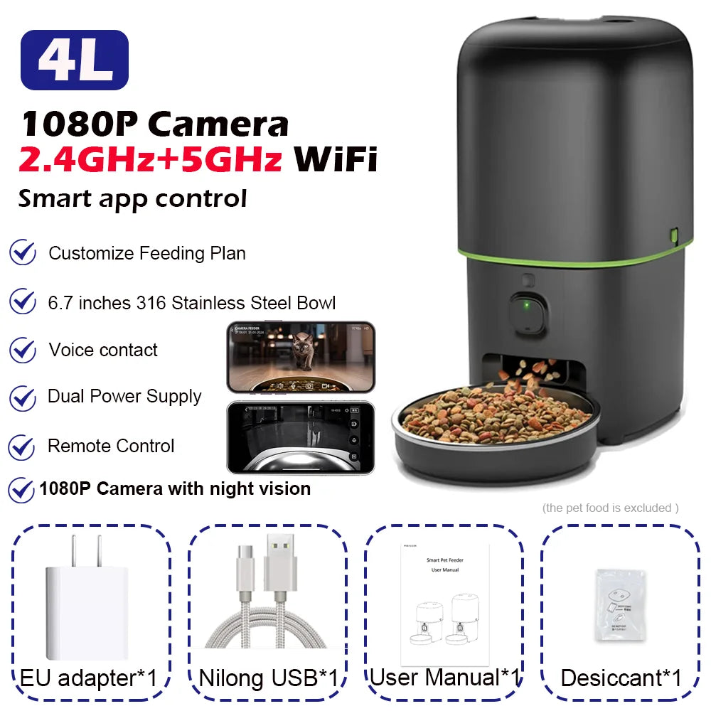 Smart Automatic Cat Feeder with Camera Food Kibble Dispenser 2.4G/5G WiFi Tuya APP Control for Cats And Dogs Pet Accessories