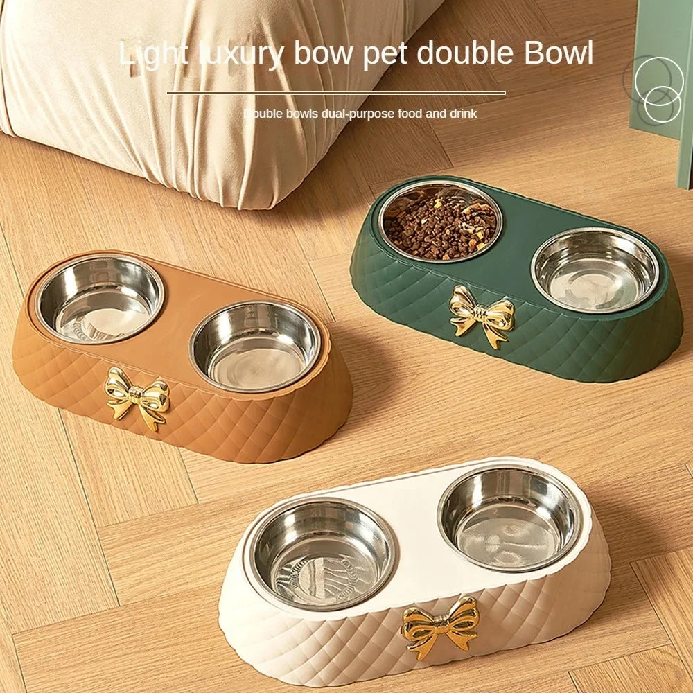 Pet Bow-tie Bowknot Double Bowl Stainless Steel Food Dish with PP Base for Cats And Dogs Eco-Friendly Light Luxury Design