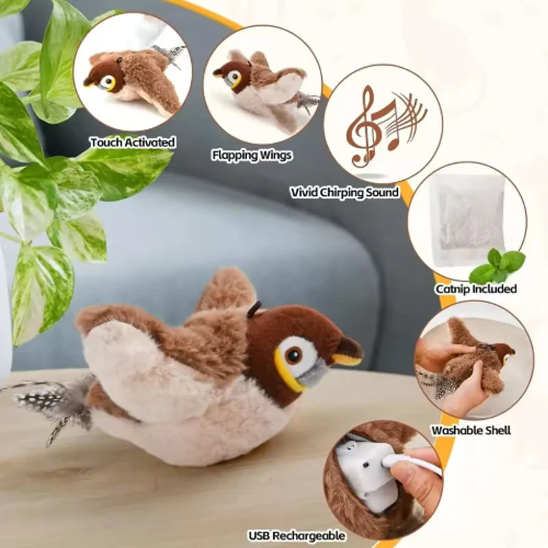 Interactive Rechargeable Chirping Flapping Bird Toy Touch Activated Plush Simulated Bird for Cats Dogs Soft Pet Toy No Flying