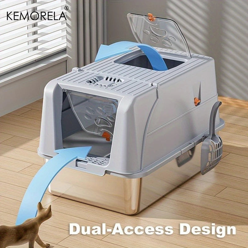 Extra Large Convertible Stainless Steel Cat Litter Box with Detachable Flip Cover Pedal & Scoop - Fully Or Semi-Enclosed Option