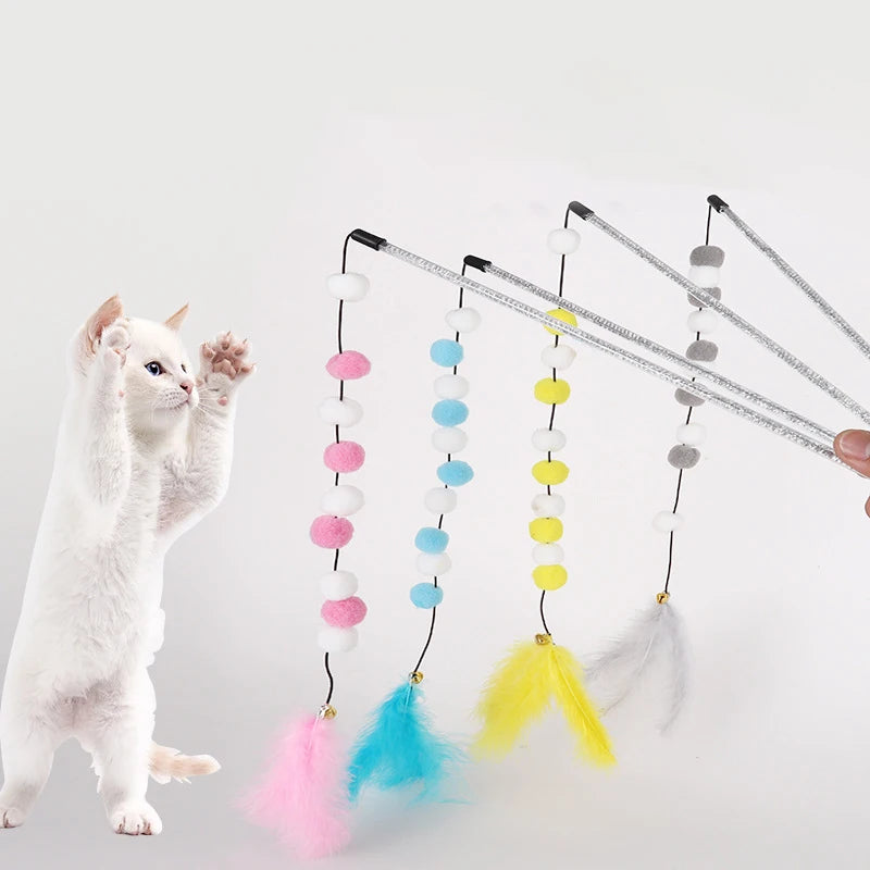 Interactive Kitten Cat Teaser Toy with Bell And Feather Stick - Fun Pet Toy for Cats Eye-Catching Teaser Rod for Cats