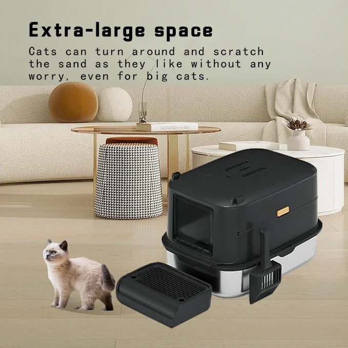 Large Stainless Steel Cat Litter Box Splash-Proof Deodorant Easy to Clean Cat Toilet Grey Metal with Plastic Interior