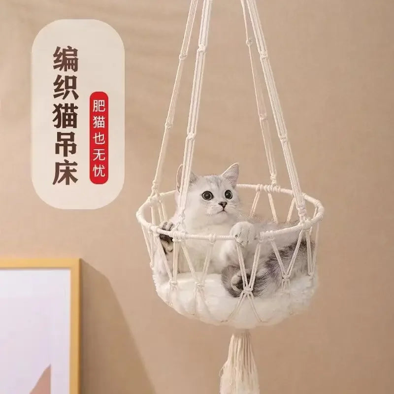 Winter Pet Hammock Hand Woven Cotton Rope Cat Swing Hanging Basket Kitten Indoor Nest Bed Durable Breathable Cat Supplies