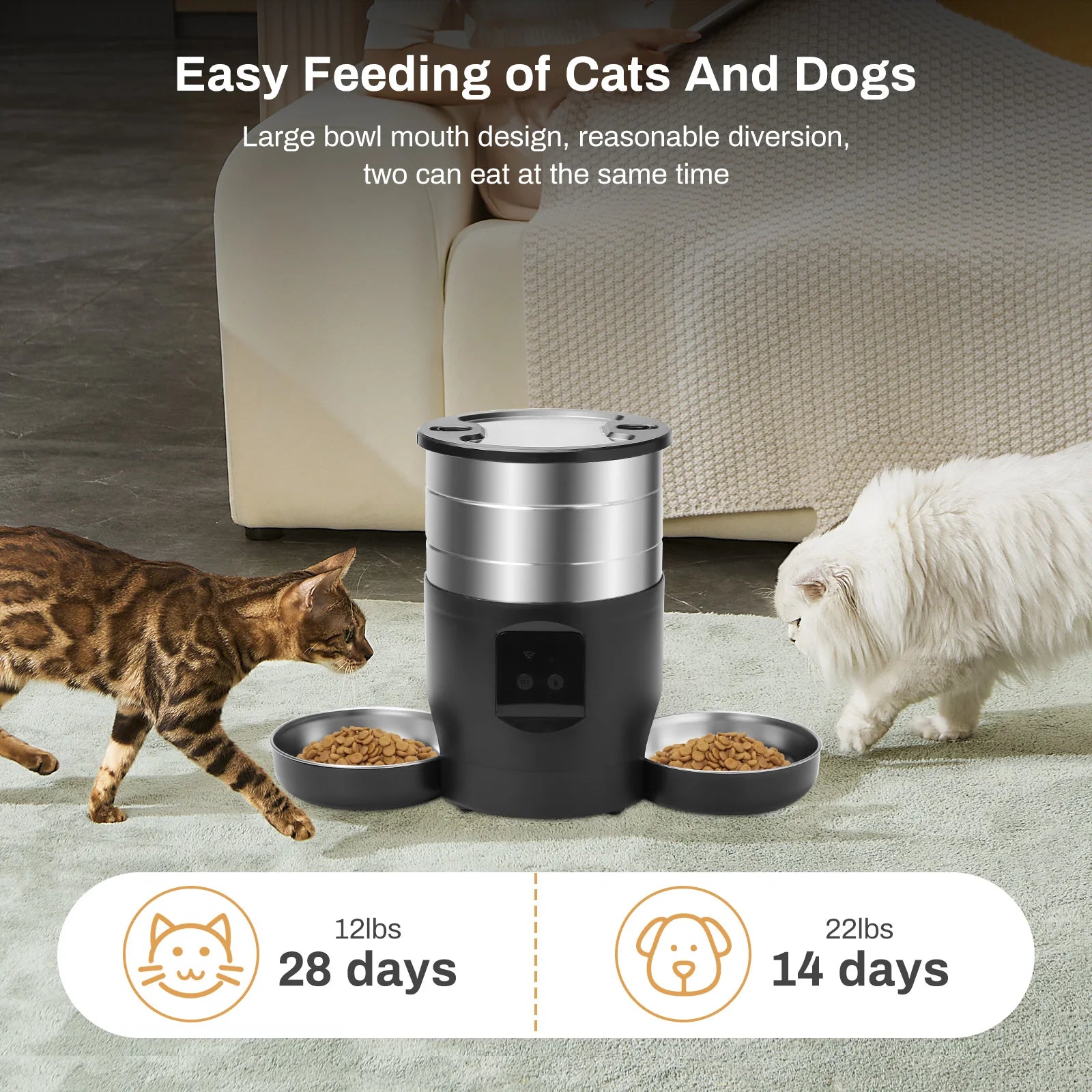 4.5L WiFi Automatic Cat Feeder with Stainless Steel Bowls Smart Pet Food Dispenser for Cats And Small Dogs Includes Battery