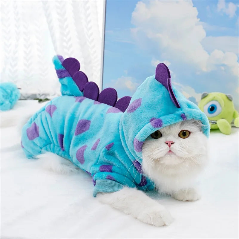 Dinosaur Plush Pet Costume for Cats & Dogs Winter Flannel 4-Leg Jumpsuit Cute Cosplay Outfit for Party Festival